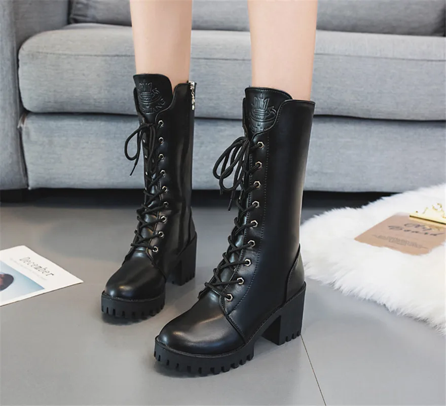 

Размер 35–41, женские сапоги до середины икры на квадратном каблуке, осенняя новая мода, черные женские туфли на платформе с застежкой-молнией «Челси» на шнуровке