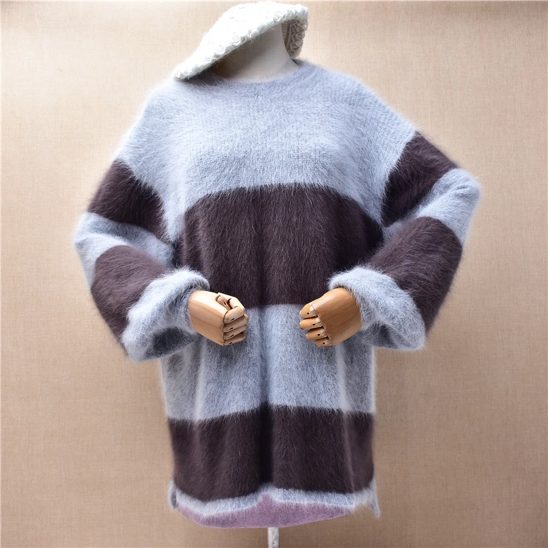 

Sweater Women Mujer Autumn Winter Striped Hairy Mink Cashmere Knitted O-Neck Long Lantern Sleeves Loose Pullover Jumper Dress