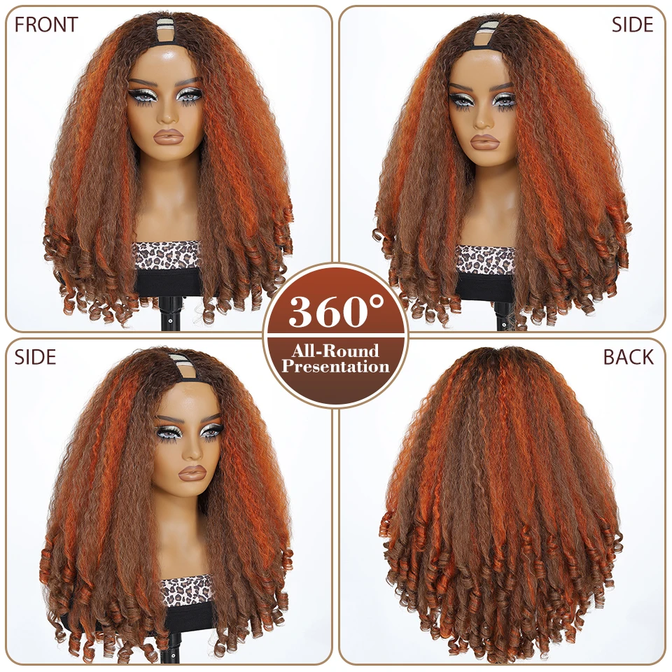 Glueless Fluffy Afro Wig Synthetic U Part Kinky Straight Curly Wigs For Women Natural Black With Unique Bouncy Curls In The End image 2