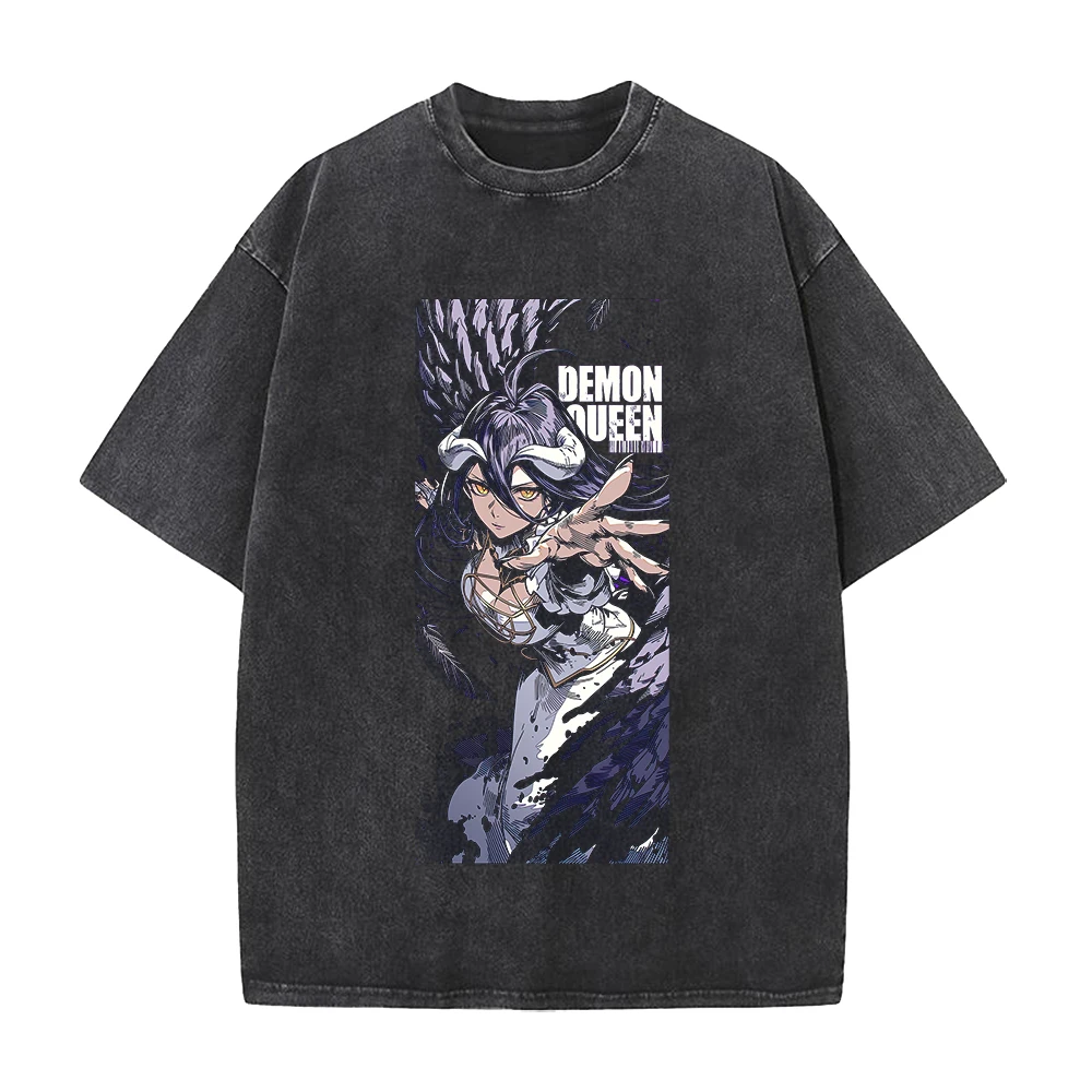 Albedo Kawaii Print T-shirt Anime Overlord Clothing Men Women Cotton Tshirts Retro Washed T Shirt Harajuku Summer Oversized Tops