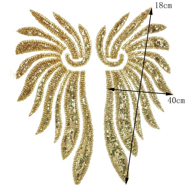 1 paio di ali d\'angelo d\'oro perline ricamate Patch Applique riparazione fai da te Applique