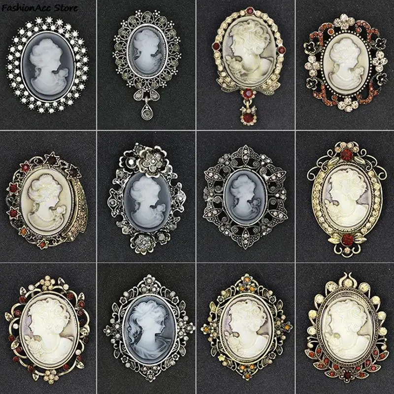 Crystal Rhinestones Cameo Vintage Brooch Pins for Women Queen\'s Cameo Beauty Clothing Accessor Girl Gift