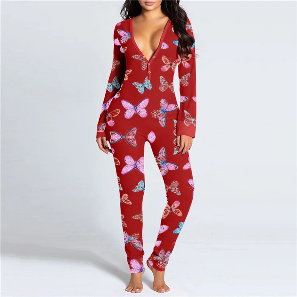 Vrouwen Sexy Pyjama Rompertjes Button-Down Front Functionele Dichtgeknoopt Flap Volwassenen Pyjama V-hals Lange Mouw Jumpsuit Vr