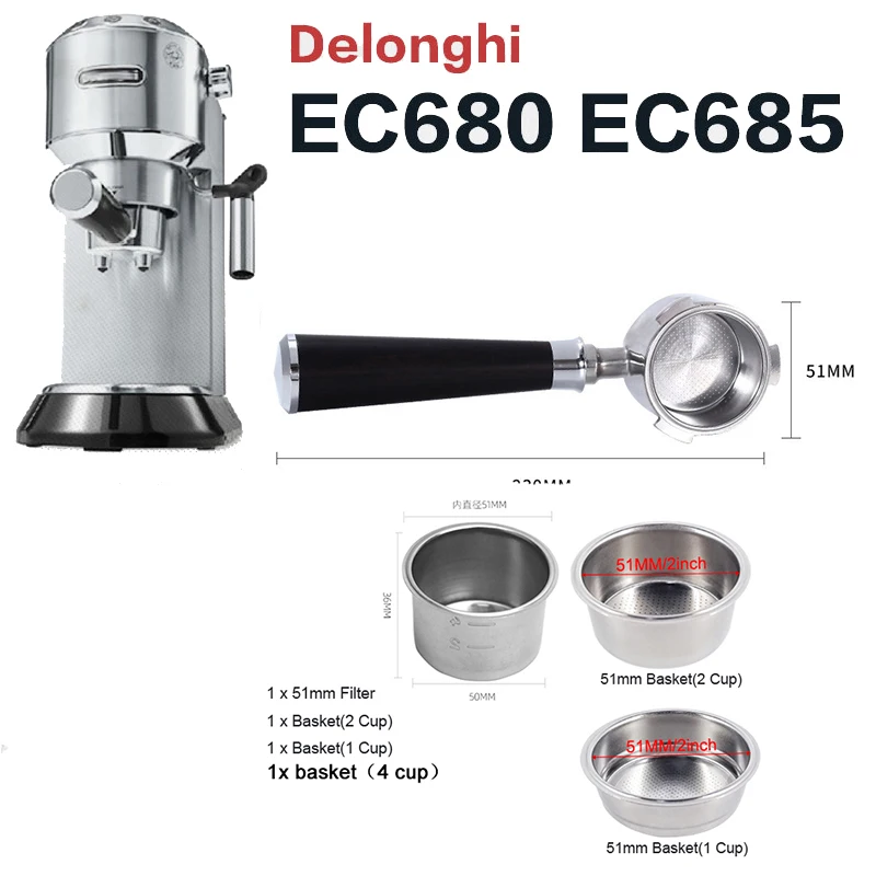 Delonghi 51MM kahve dipsiz Portafilter 304 paslanmaz çelik 1 2 4 bardak filtre sepeti EC680 EC685 Espresso makinesi araçları için