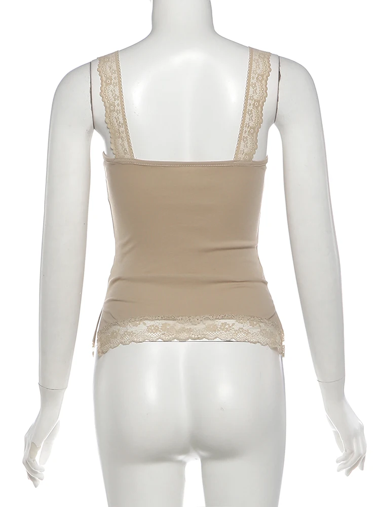Weird Puss Spitzen-Patchwork-Camisole für Damen, tief ausgeschnitten, eng anliegend, mit seitlichem Schlitz, Midnight Sexy Hottie, wilder Sommertrend, Streetwear – Detail 7
