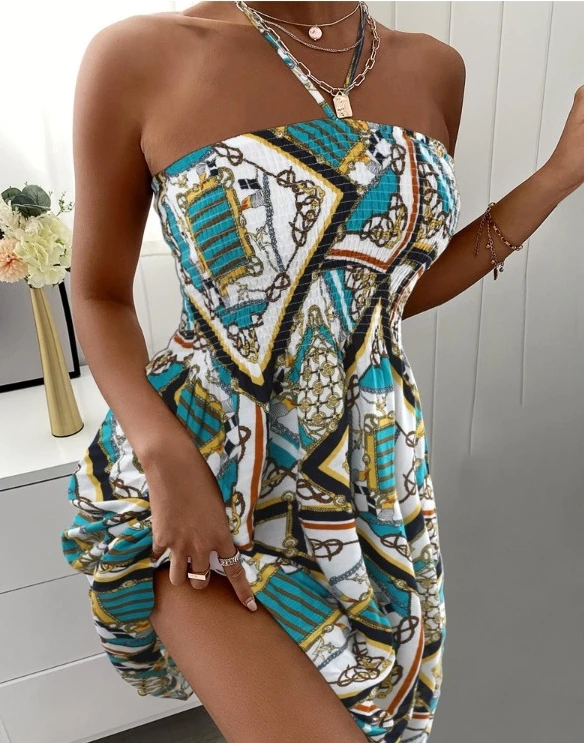 Women's Beach Dress 2024 Summer Autumn Latest Boho Vintage Scarf Print Shirred Halter Mini Dress Sleeveless Tied Short Skirt