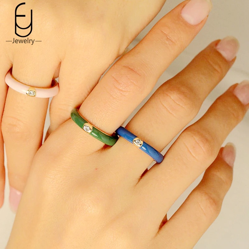 Colorful Enamel Summer 18K Gold Rings Shiny Moissanite Rings Fashion Wedding Engagement Rings for Women Party Trend Jewelry