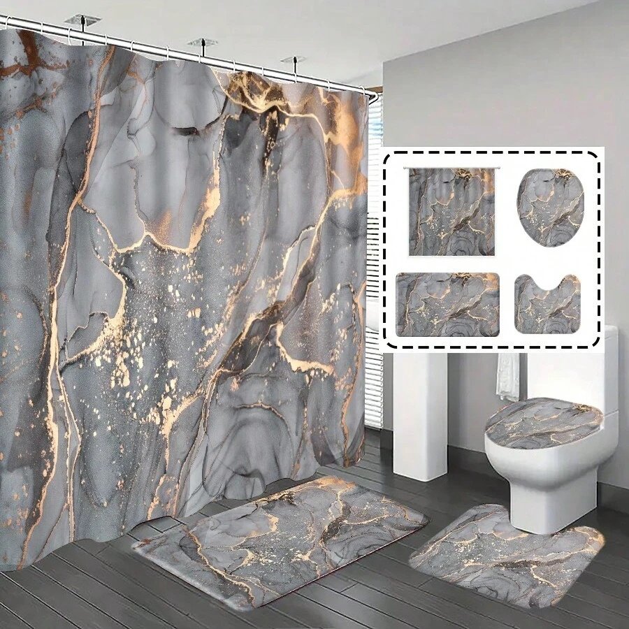 4pcs Bathroom Set, Including Waterproof Durable Gray Marble Pattern Shower Curtain,Modern Minimalist Luxurious Style Bathroom