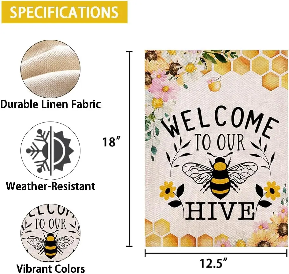 علم الحديقة الصيفي مرحبًا بكم في خليةنا مقاس 12.5 × 18 بوصة مزدوجة الجوانب للربيع والصيف على شكل نحلة ديكور خارجي FFI