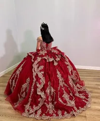 Sparkly Burgundy Princess Quinceanera Dresses Off Shoulder Ruffles Gold Applique Corset vestidos de 15 años quinceañeras 2024