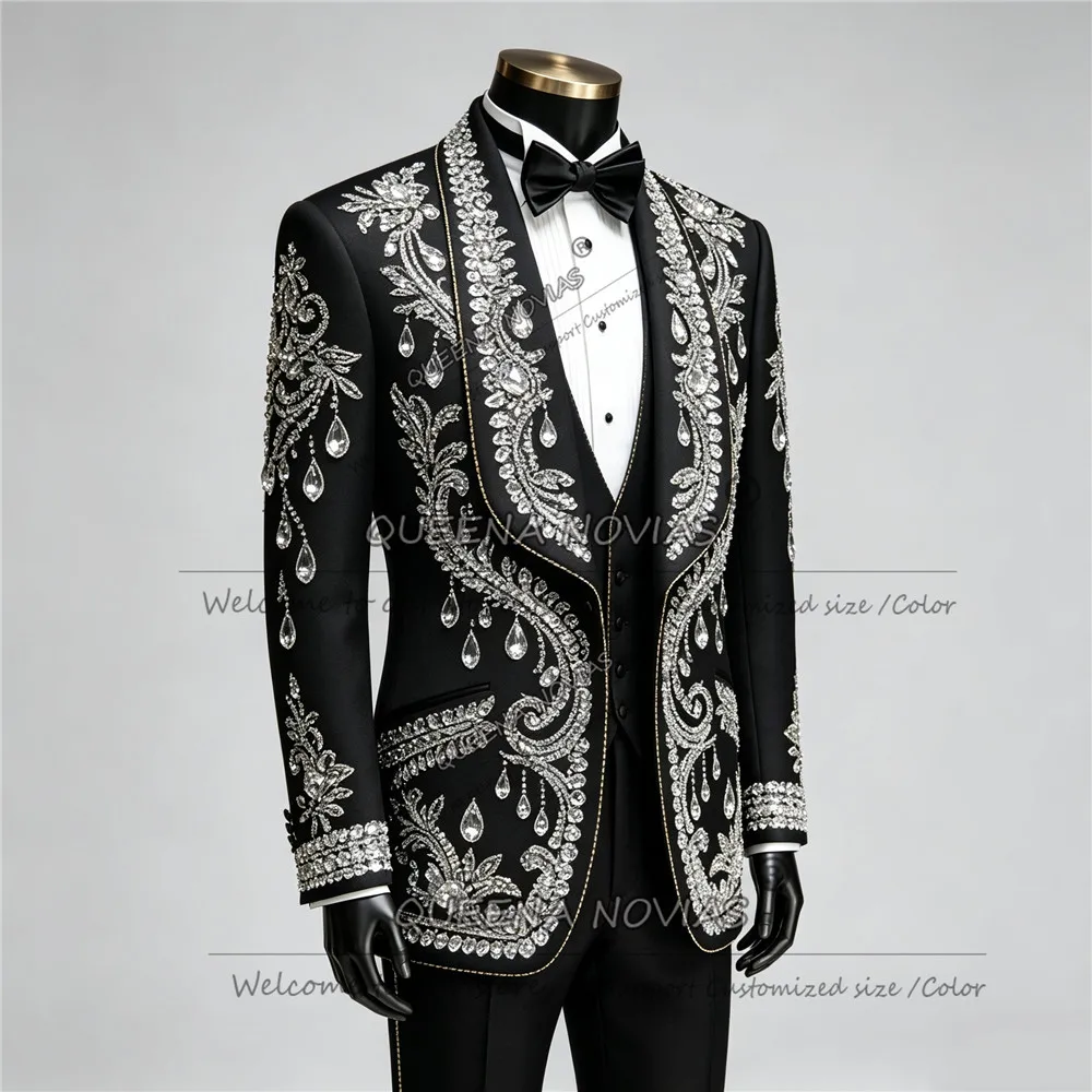 Luxury Groom Wedding Suit For Man Jewelry Stones Ornament Prom Blazers Customized 3 Pieces Sets Men's Tuxedo Attires Slim Fit