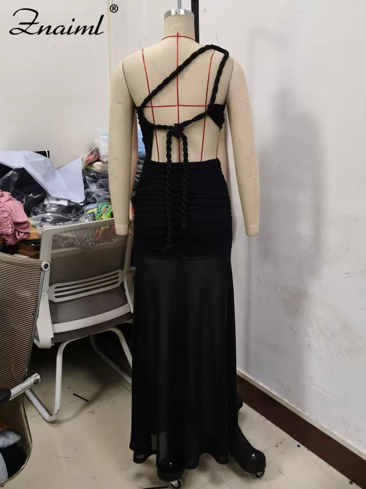 Znaiml Damska Seksowna Sukienka na Jedno Ramię Długa Wycięta z Rozcięciem Przezroczysta Siateczkowa Marszczona Suknia na Imprezę Urodzinową do Klubu Nocnego