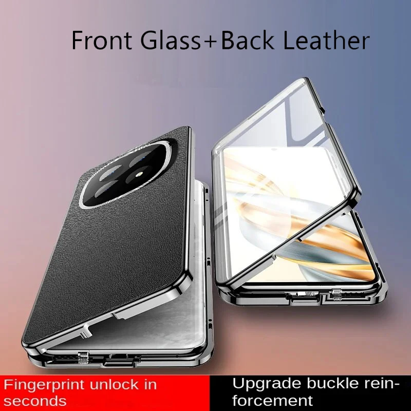 

PU Leather Back For Poco M8 Pro 5G Phone Case Tempered Glass Cover Cases Full Lens Protection Double Sided Metal Magnetic Bumper