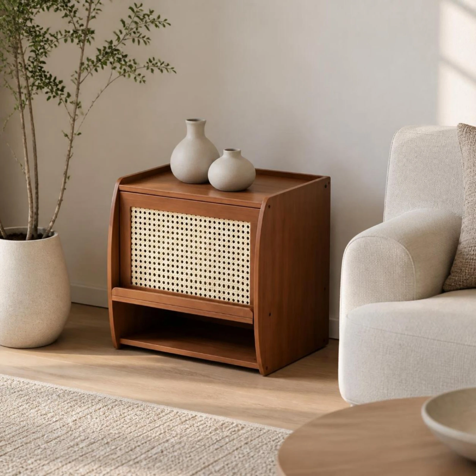 Wooden Desktop Storage Rack Woven Two-Tier Storage Rack with Cane Front Desktop Bookshelf Compact Furniture Stable