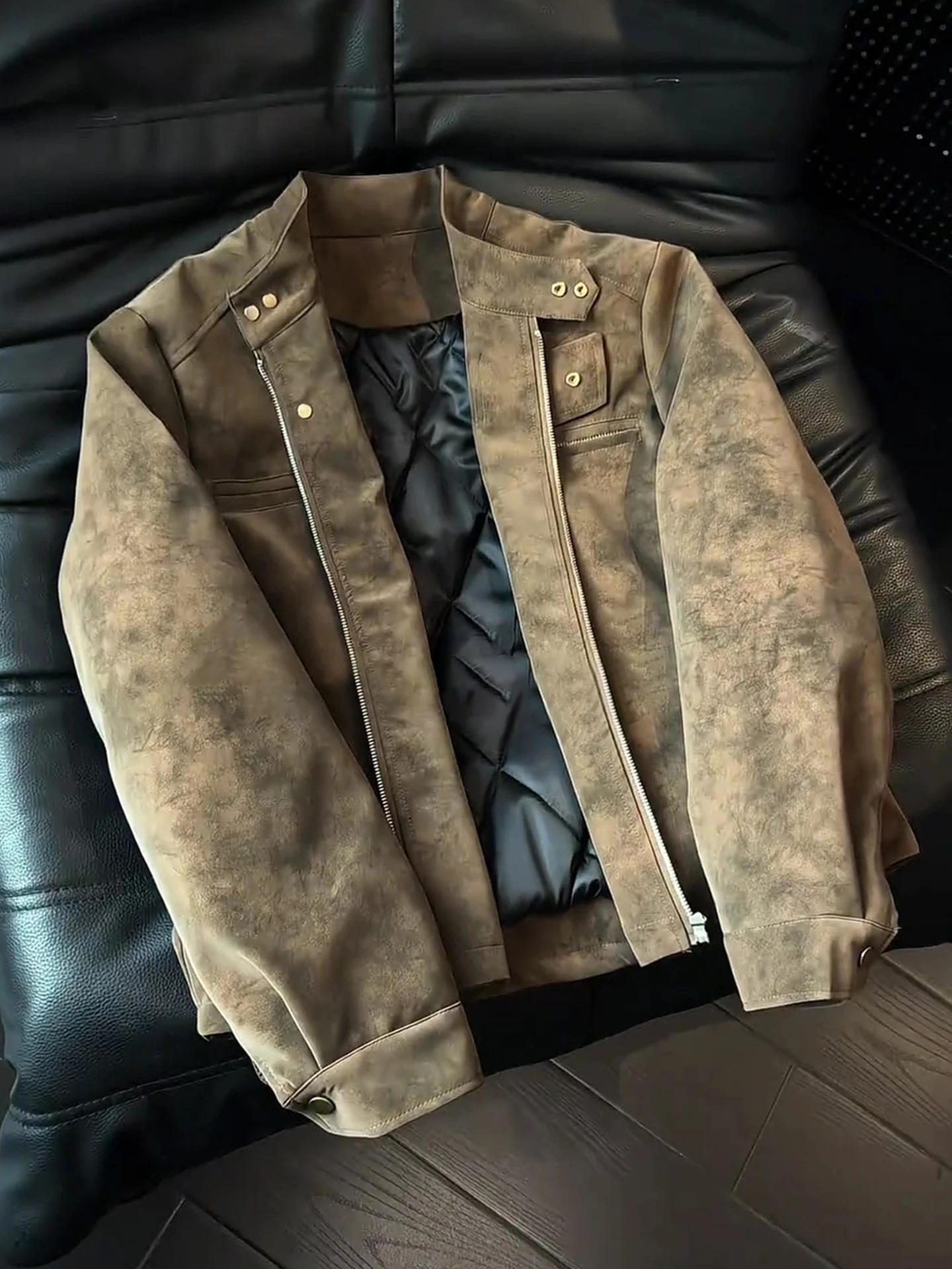 Jaket Pria Musim Dingin Thiened Cotton Flng, Mantel Kulit PU Retro Amerika, Jaket Berwarna dengan Dekorasi Logam, Resleting Panjang...