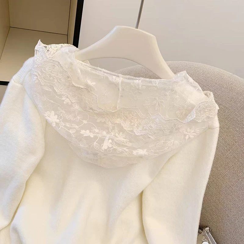 Renda com capuz camisola de malha feminina manga longa chique pérola botão pullovers preppy doce casual estudante retalhos malhas jumpers