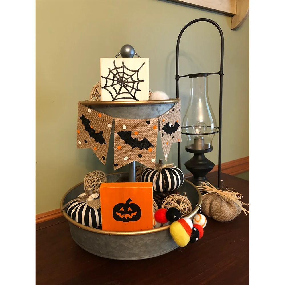 

Halloween Themed Banner Fall Rustic Burlap Mini Banner Halloween Party Decoration Bat Bunting Tiered Tray Decor Supplies Gift