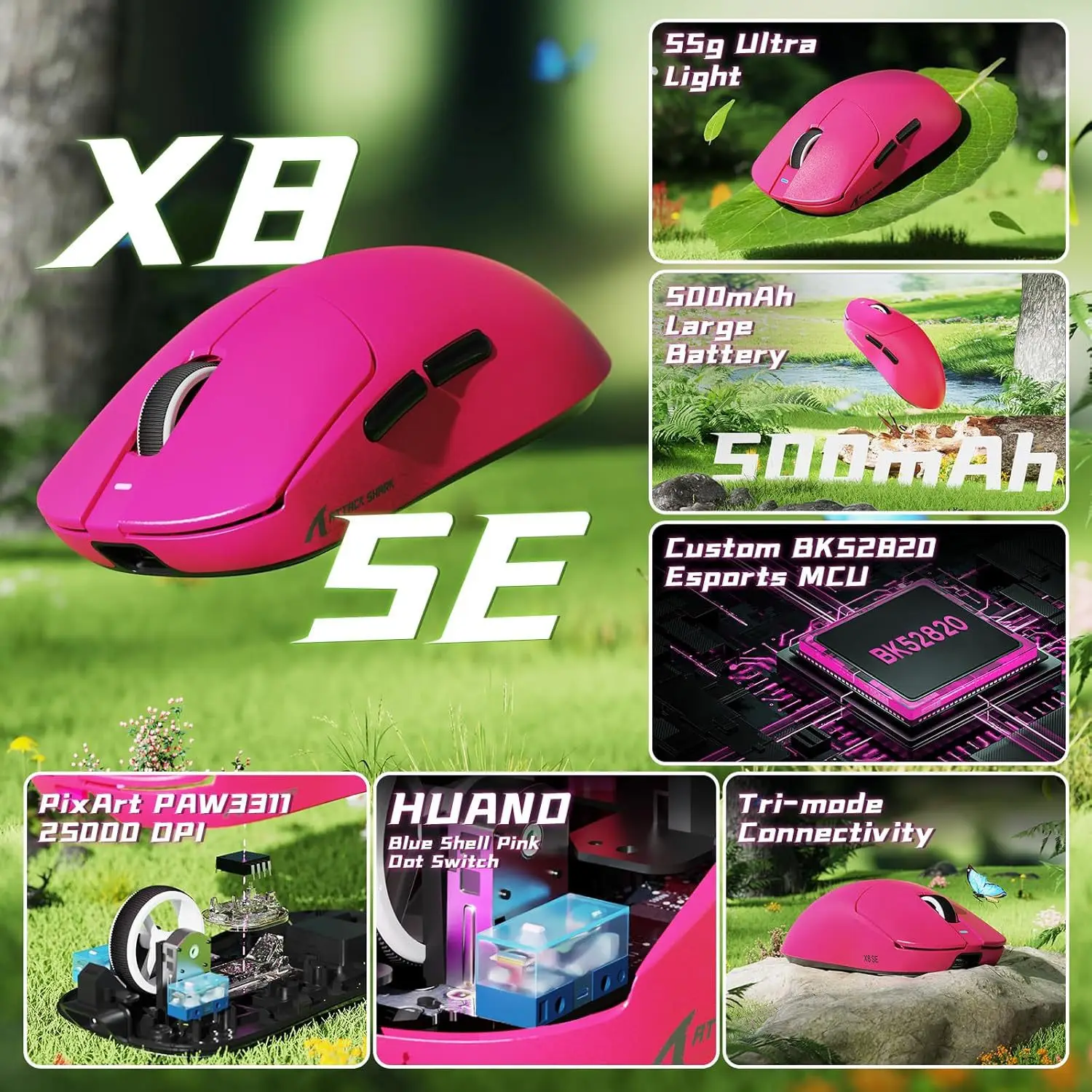 ماوس ألعاب لاسلكي ATTACK SHARK X8 SE 55g Superlight، ماوس BK52820 ثلاثي الوضع، 25KDPI، بطارية 500 مللي أمبير في الساعة، 5 أزرار قابلة للبرمجة