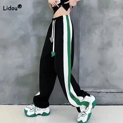 Pantalones deportivos negros con bolsillos para mujer, ropa de calle informal con cordón y estampado a rayas, Americana recta mopa, tendencia