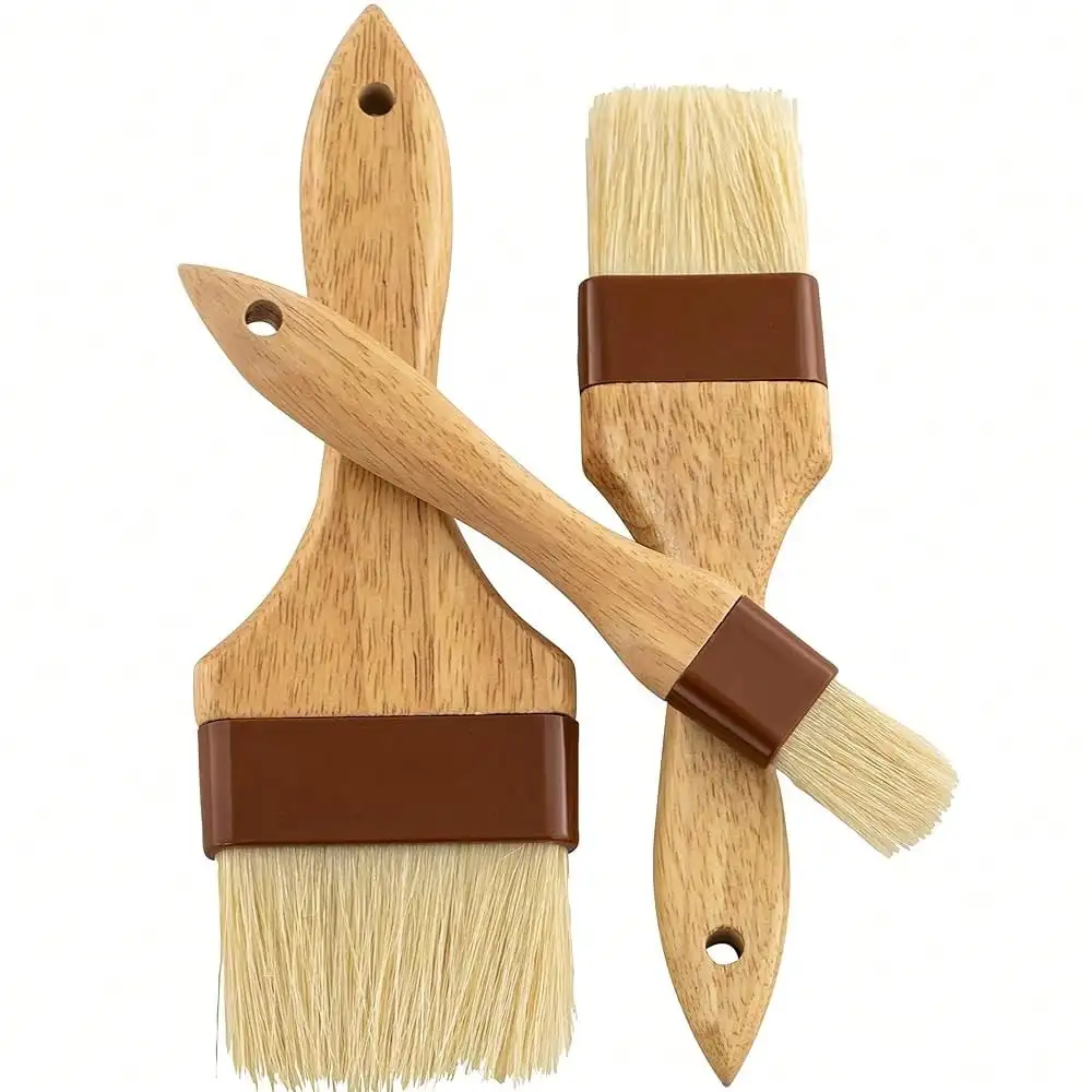Hardwood 1, 2, 3in Boar Bristle Pastry Brush Set. Grill And Kitchen Flat Brushes For Basting Meat, Spreading Butter, BBQ Sauce Or Marinades. Chef Quality CooFKing, BaFKing Or Grilling Tools