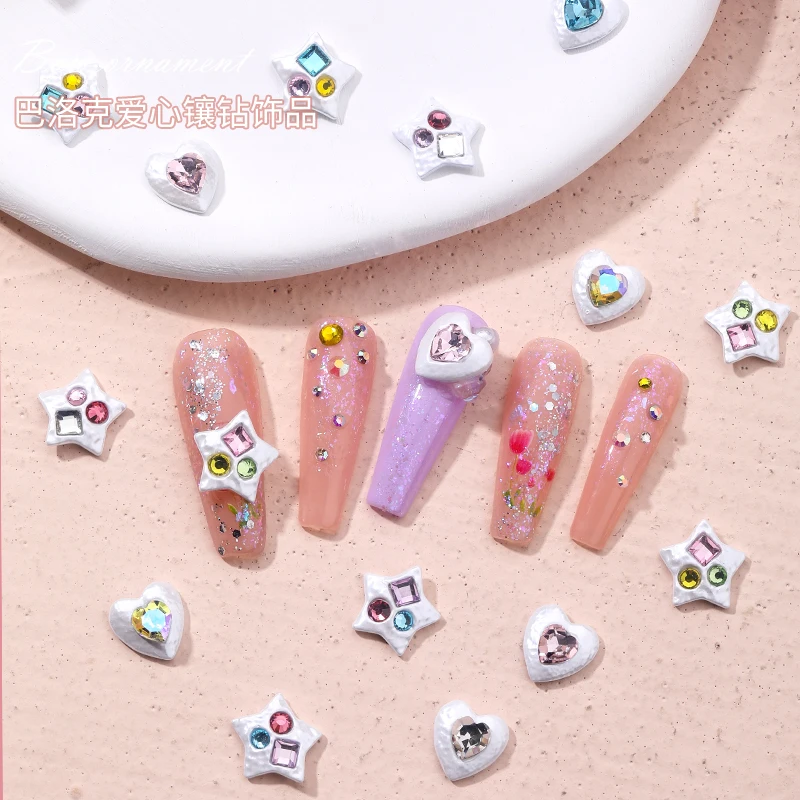 10pcs Multicolor Star/Heart Crystal Nail Art Alloy Rhinestone Gemstone Nail Charms DIY Nail Decoration Accessories