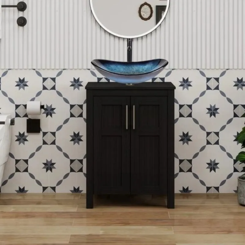 Black freestanding bathroom vanity set with large ceramic sink, mirror and faucet