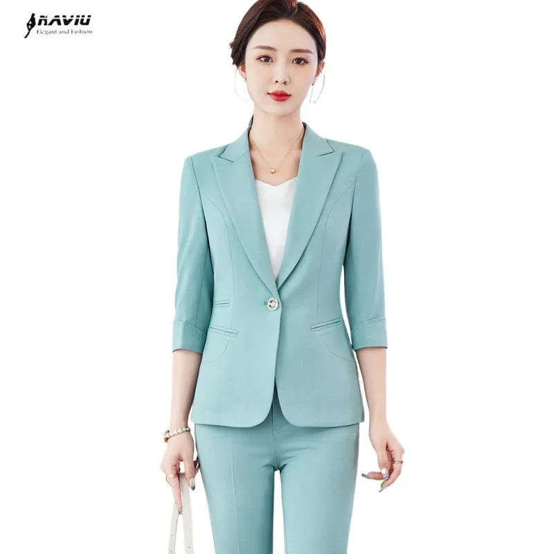 NAVIU Fashion Women Suits 2023 New Professional Temprament Half Sleeve Slim Blazer And Pants Office Ladies Work Wear