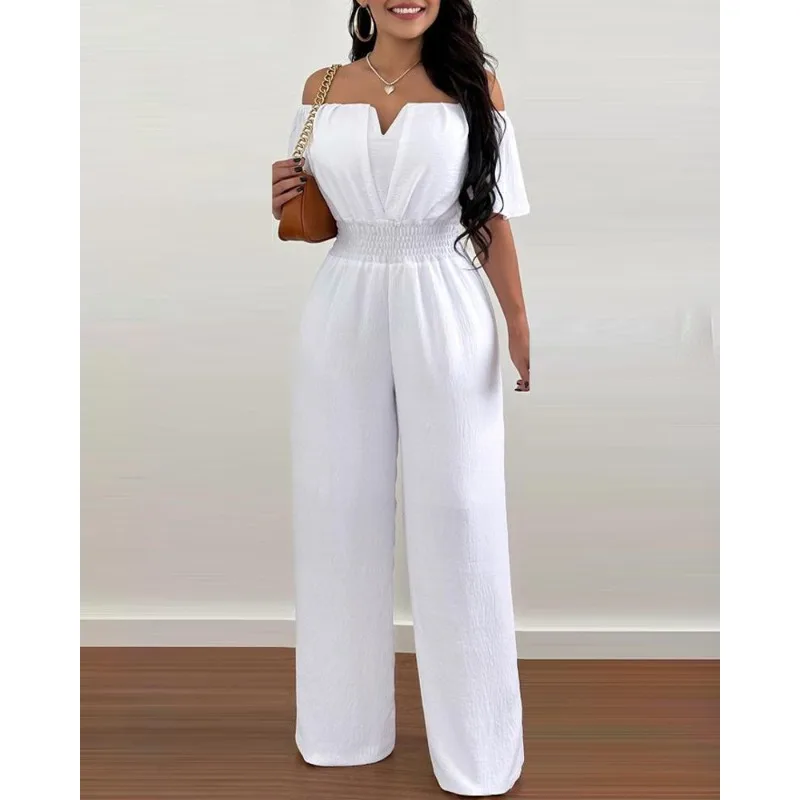 

Mandylandy Off-Neck Waist Jumpsuits Women Short Sleeve Trimming Loose Straight Jumpsuit High Waist Solid Slim Fits Jumpsuits