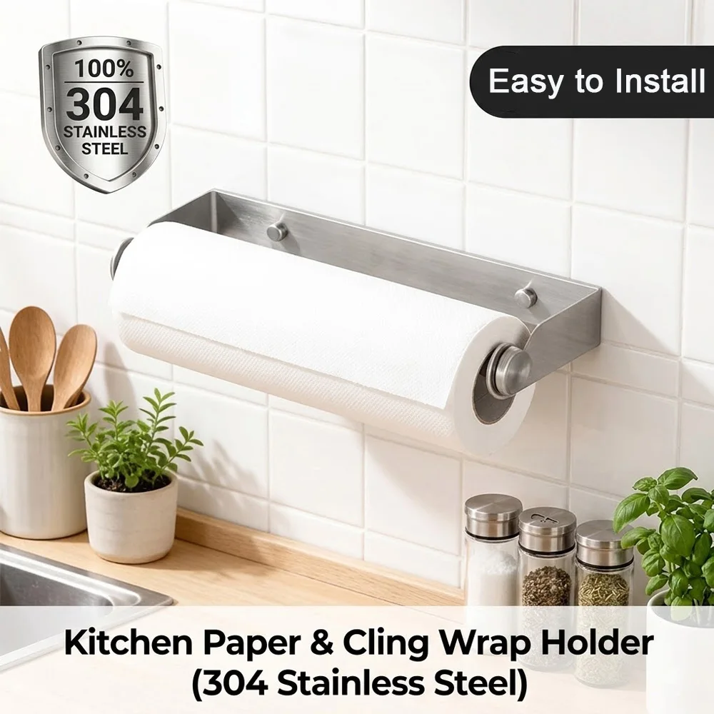 

New 304 Stainless Steel Kitchen Paper Holder Wall Mount Roll Rack Suspended Bracket for Towel Cling Wrap, Organizer for Bathroom