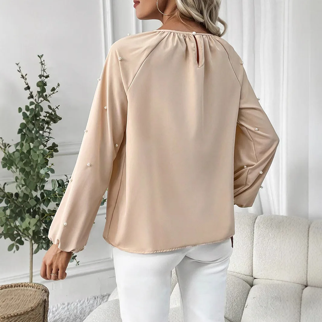 2026 New Women Beige Pearl Decor Long Sleeve Blouse, Round Neck Gathered Neckline Puff Sleeve Loose Casual Dressy Shirt Top