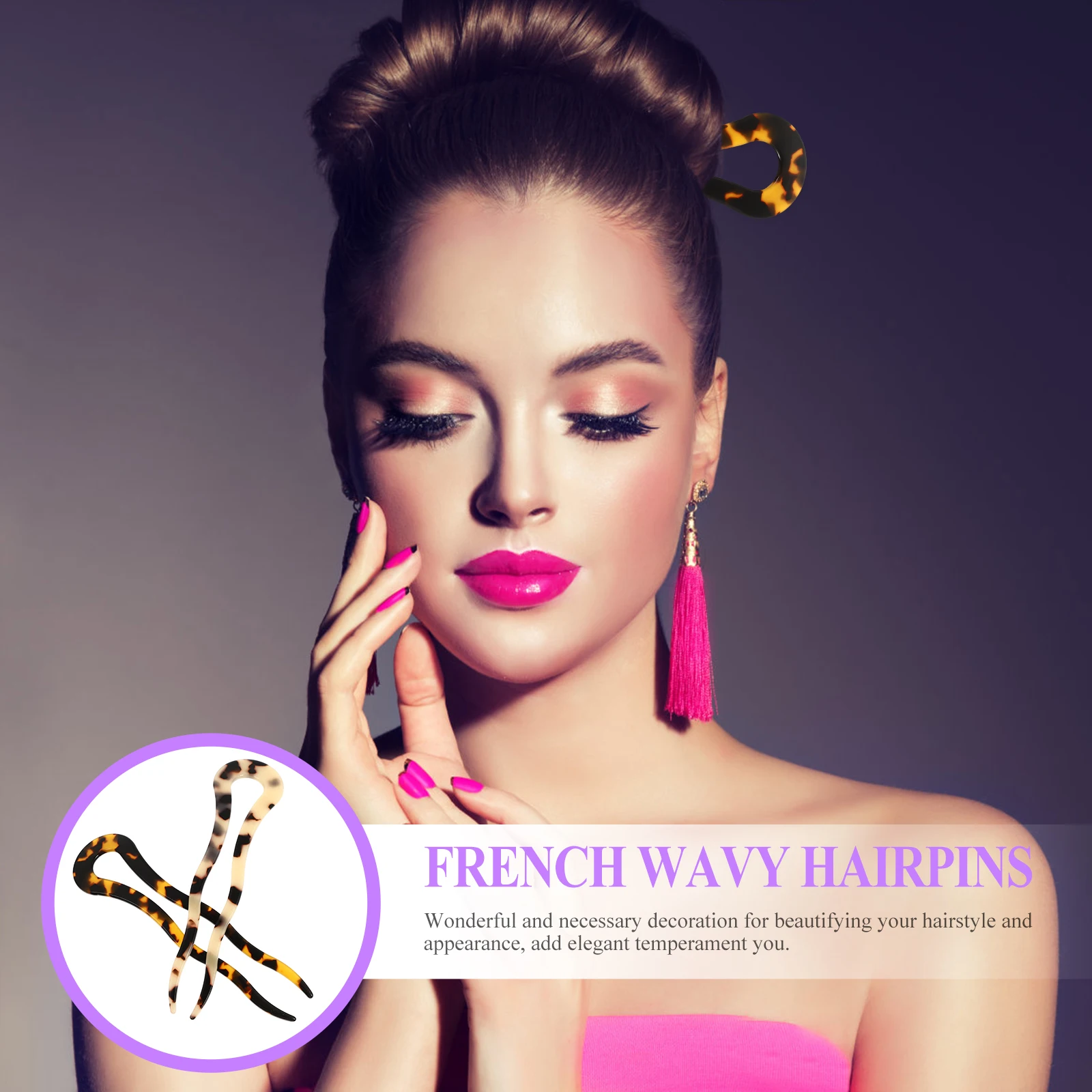 

2pcs French Wavy U-Shaped Hairpins Acetate Bun Hair Sticks Chignon Decorative Hair Forks For Party Travel Daily Wear Elegant
