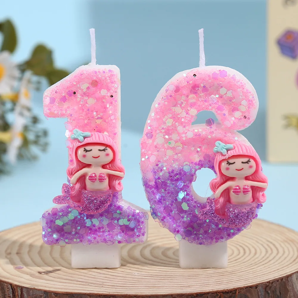 Niedliche digitale Meerjungfrau-Kerze, Kinderergeburtstag, Internet-Promi-Kuchenkerze, kreative, farblich passende Kerze mit Pailletten