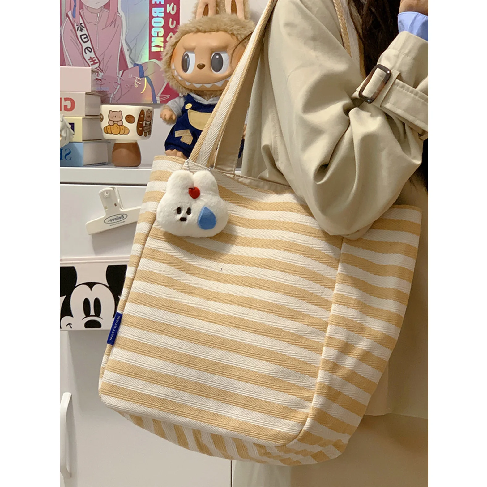 

2025 new striped canvas bag Korean version ins lazy style tote bag student large capacity casual shoulder bag