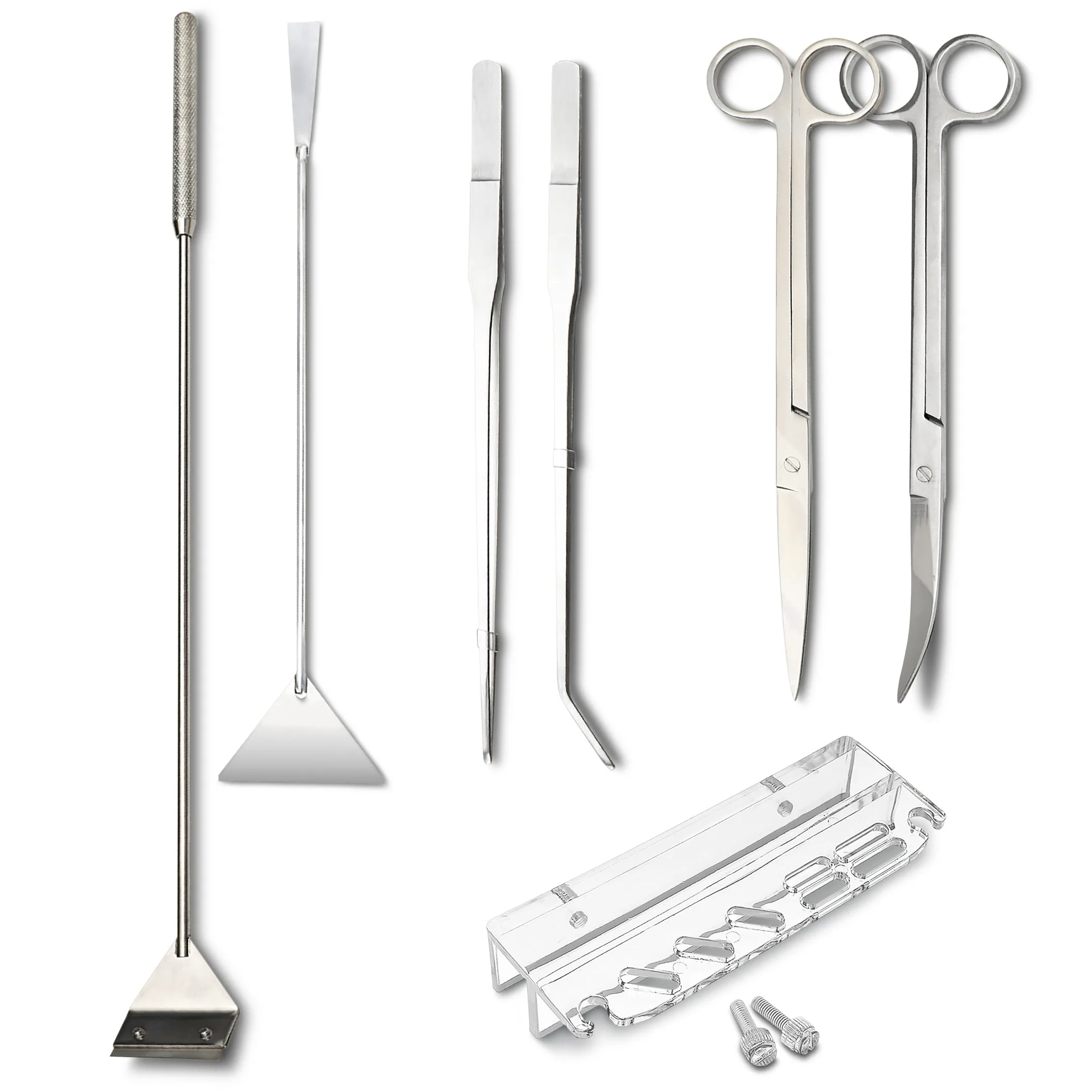 7in1 Aquascaping Tools Kit Set - Straight Curved Tweezer + Straight Curved Scissor + Spatula + Storage Rack + Algae Scraper