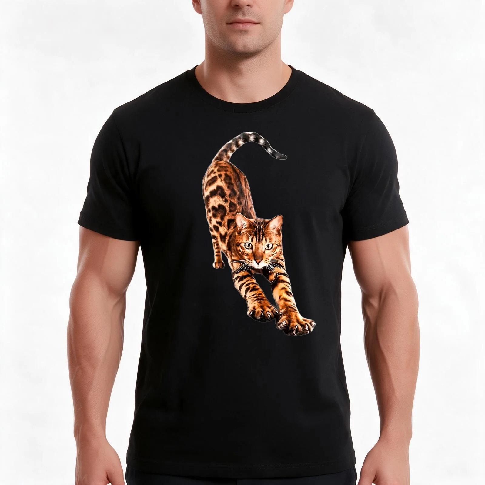 Bengal Cat Stretching T-Shirt, Summer Casual Cotton Tee, Oversized Streetwear Tops, Vintage Graphic Print, Unisex Men Women