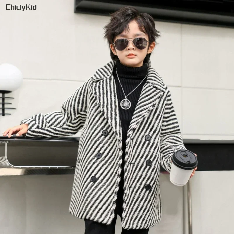 Boys Winter & Fall Chesterfield Coat Kids Black and White Striped Jacket Toddler Child Velvet Houndstooth Thick Woolen Overcoat