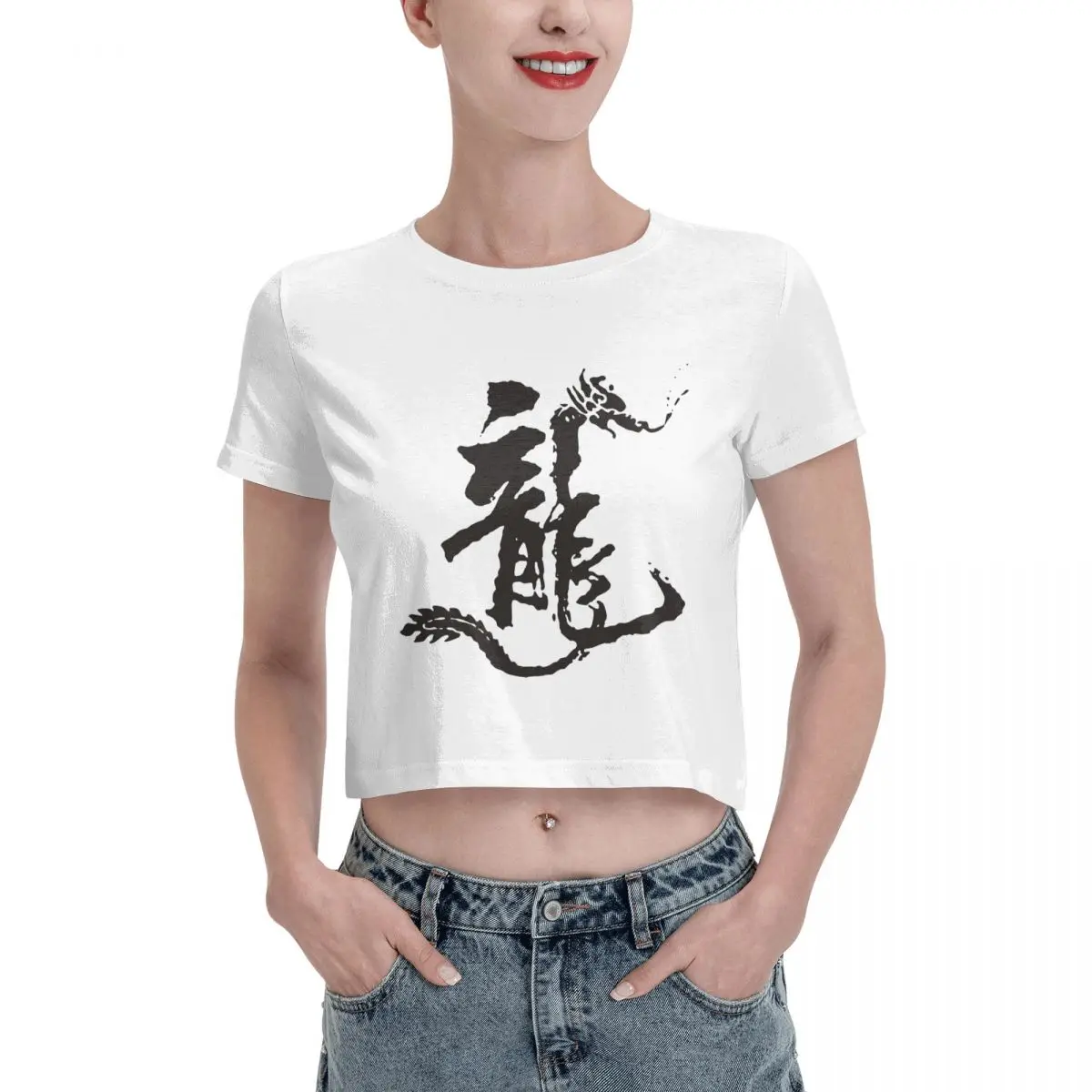 

Chinese Loong Dragon girl Tshirt Cartoon Graphic Tees Female Crop Top,Leak navel T-shirt