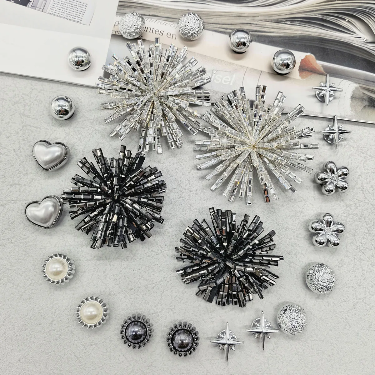 12PCS Shiny Firework Starbust Shoe Charms Accessories Silvery Heart Clogs Shoe Buckles DIY Decorations Round Beads Shoe Clips