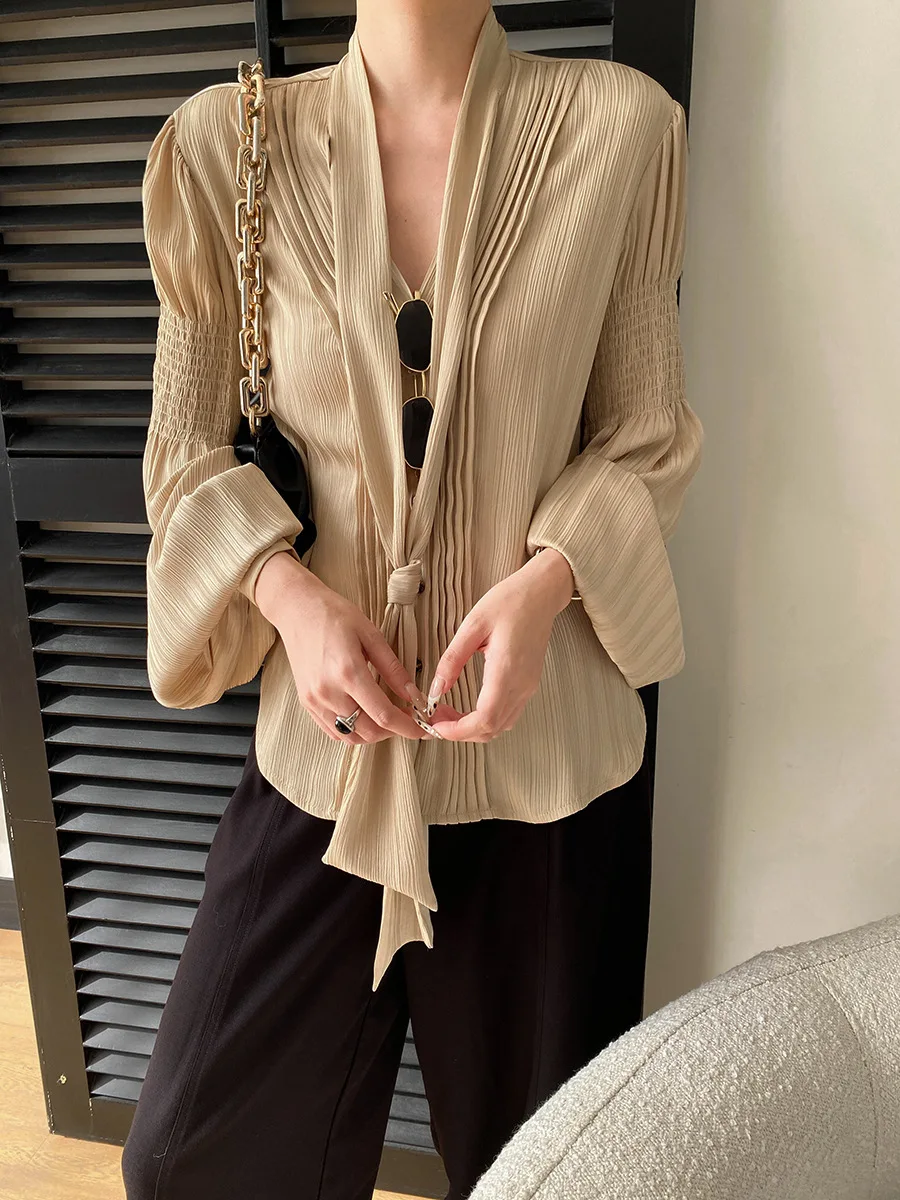 

2026 Women Spring Lace_Up Collar Blouses Loose Style Puff Sleeve Womens Tops And Blouses Fashion Shirts Blusas Roupa Feminina