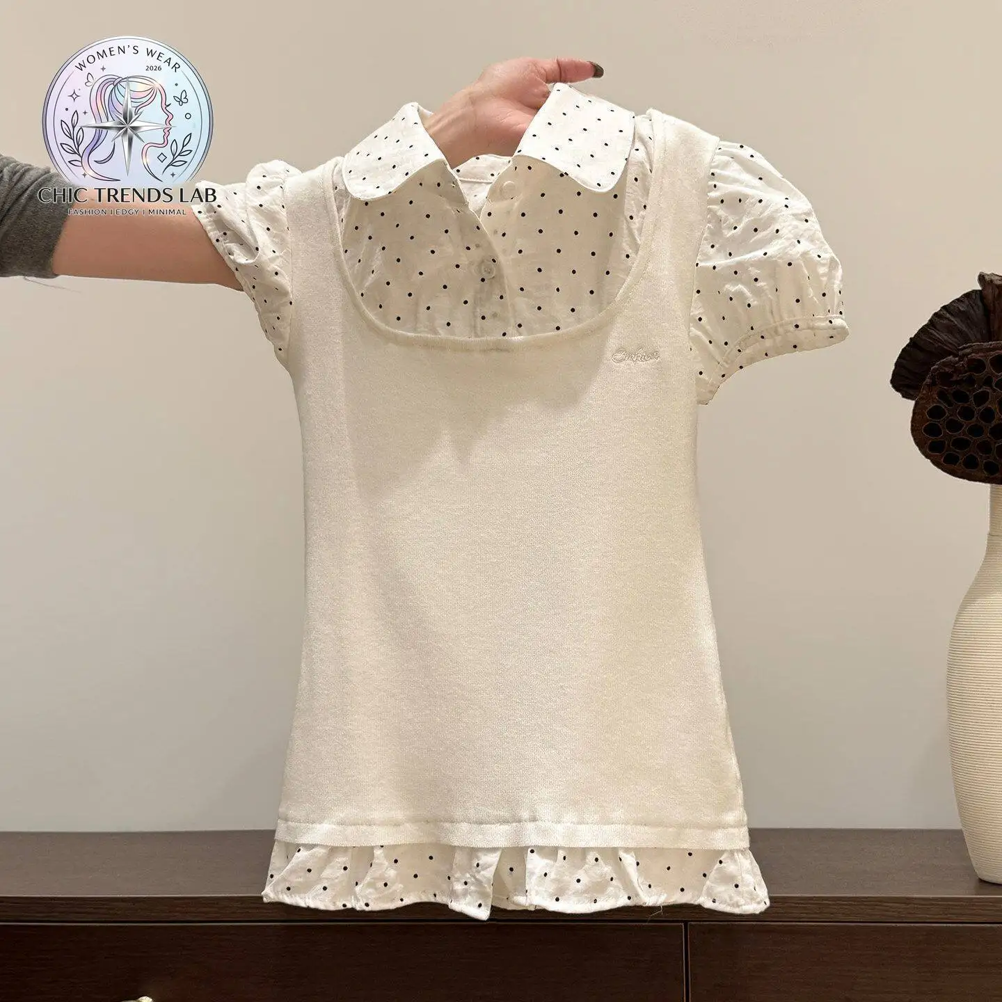 Women 2-in-1 Layered Polka Dot Peter Pan Collar Puff Sleeve Short Sleeve T-Shirt Preppy Coquette Sweet Summer Casual Blouse Tops