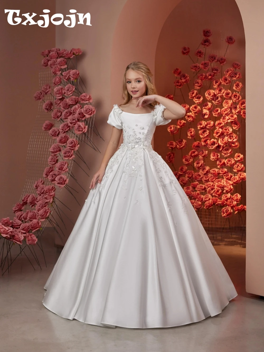 

2026 New Beaded 3D Flower Girls Flower Dresses For Wedding Elegant Cute Off Shoulder Kids Princess Gown For Formal Occasion