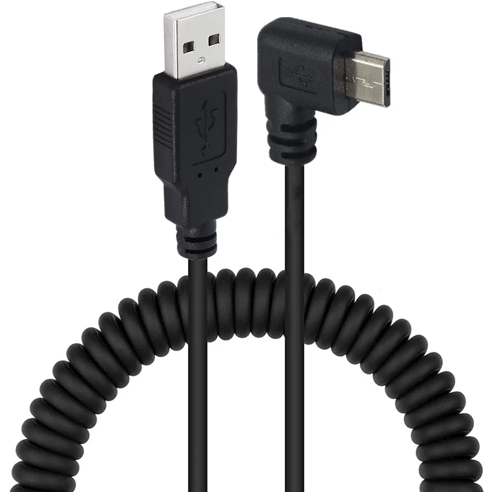 Câble USB 2.0 A mâle à Micro USB 5 broches 5P mâle, 5 pieds, spiralé, coudé à gauche, pour données de voiture, câble télescopique