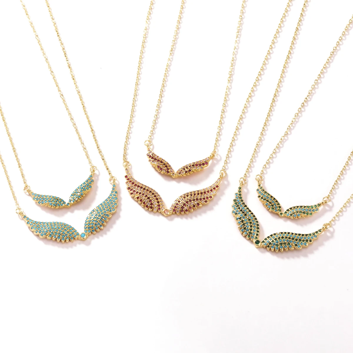 Engelsflügel-Halskette Vollbesetzt mit Zirkonia Feder-Anhänger Edelstahlkette Gold Silber Mehrfarbig Türkis Rosa Kristall Choker – Detail 9