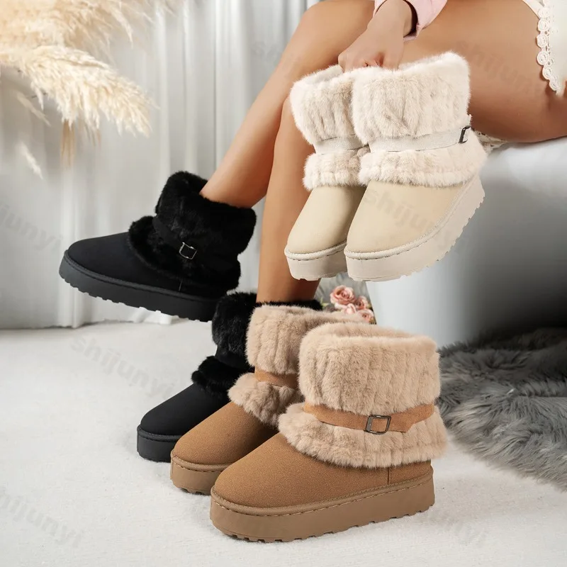 

2025 Winter Women Snow Boots Plush Warm Anti Slip Comfortable Ankle Boots Fluffy Round Toe Platform Buckle Woman Cotton Boots