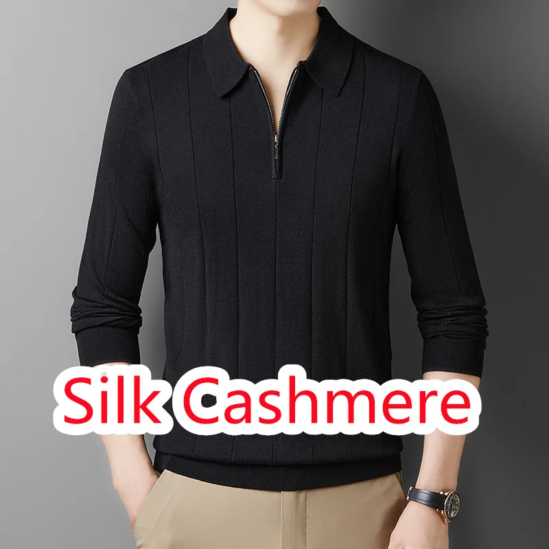 Seide Kaschmir Männer Polo-Shirt 2025, Herbst Drehen Unten Kragen Strickwaren Langarm Männlich Jumper Pullover Zipper Pullover Tops