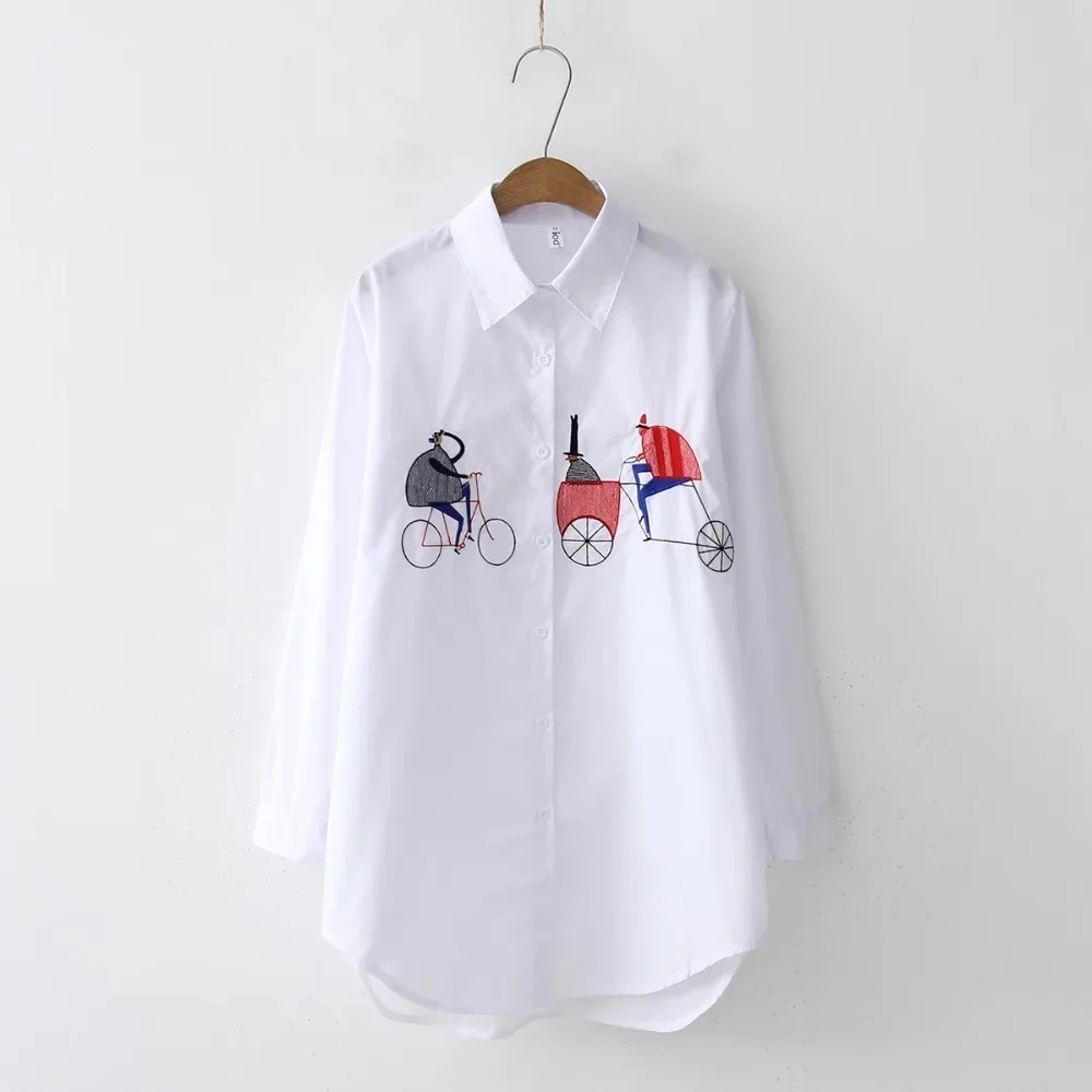 

Clearance NEW White Shirt Casual Wear Button Up Turn Down Collar Long Sleeve Cotton Blouse Embroidery Feminina HOT Sale