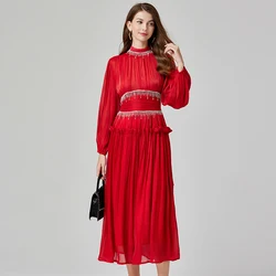 Luxury High Quality French Niche Desinger Diamond Spliced Pleats Bright Silk High Waist Women Long Sleeve Maxi Party Dresses