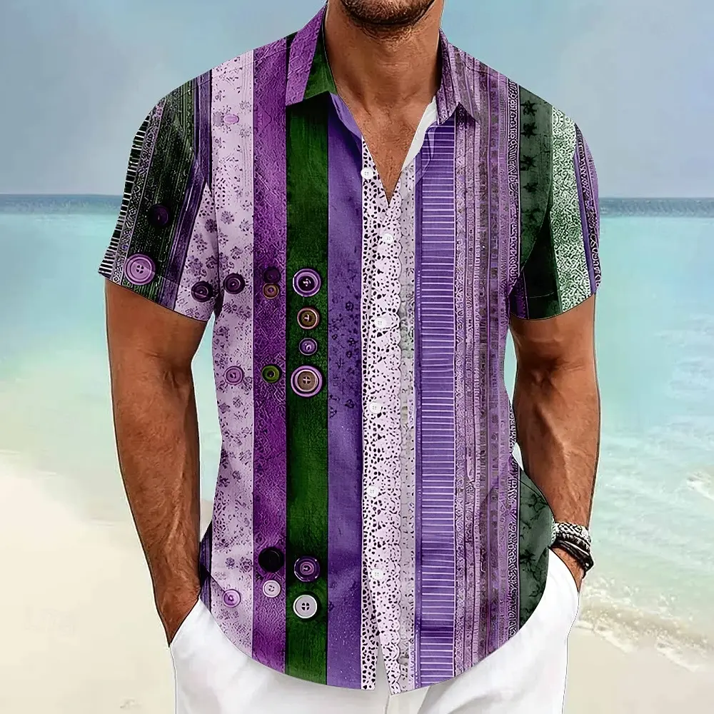 Men Vintage Patchwork Button Vertical Striped Short Sleeve Shirts Lapel Button Down Summer Beach Retro Casual Blouse Tops