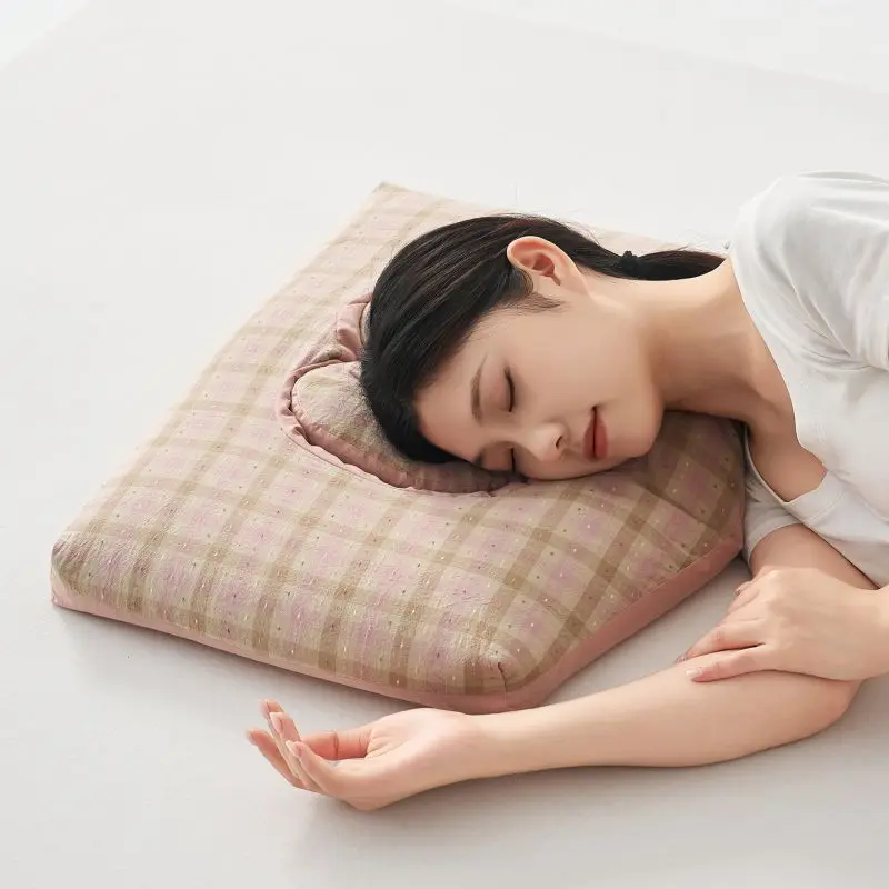 Plaid Cotton Pillow Heart-Shaped Embedded Design Soft Breathable Neck Support Cushion for Bedroom Sleeping Adults Kids Cozy