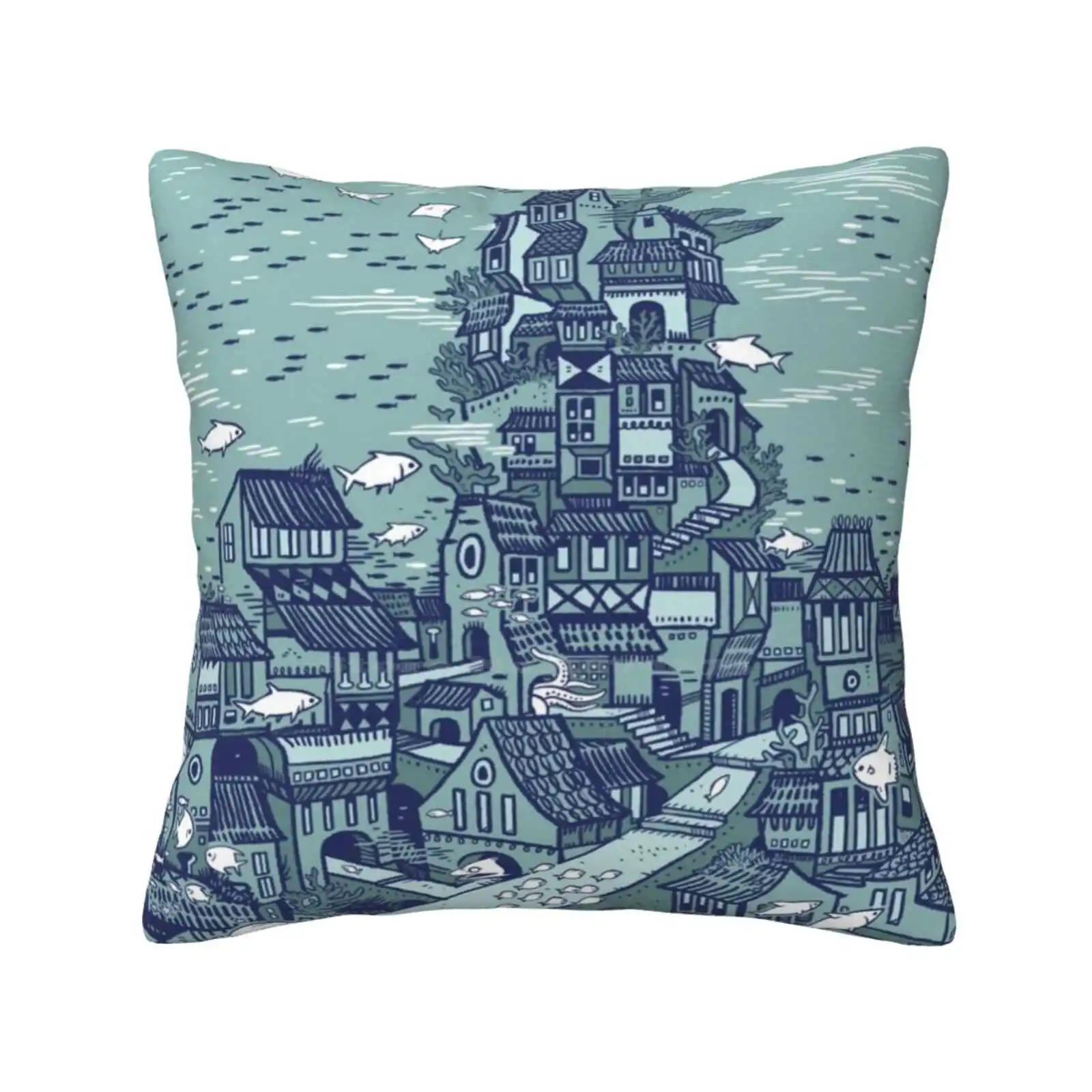 Full Fathom Five Bedroom Office Hug Pillowcase Ocean Fish City Underwater Fantasy Deep Sea Shark Tentacles Octopus Coral Reef